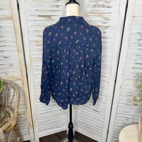 SUNDANCE Women's Large Floral Poppy Bloom Bounce Cotton Popover Button Top Navy - Picture 13 of 14